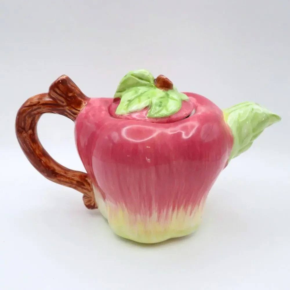 Vintage Apple Shaped Ceramic Teapot Single Serve Reddish Pink and Green 8 Oz
